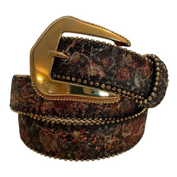 Absolutely Fresh Vintage Leather Floral Tapestry Glitter Gold Tone Belt Slim M L - Picture 1 of 8
